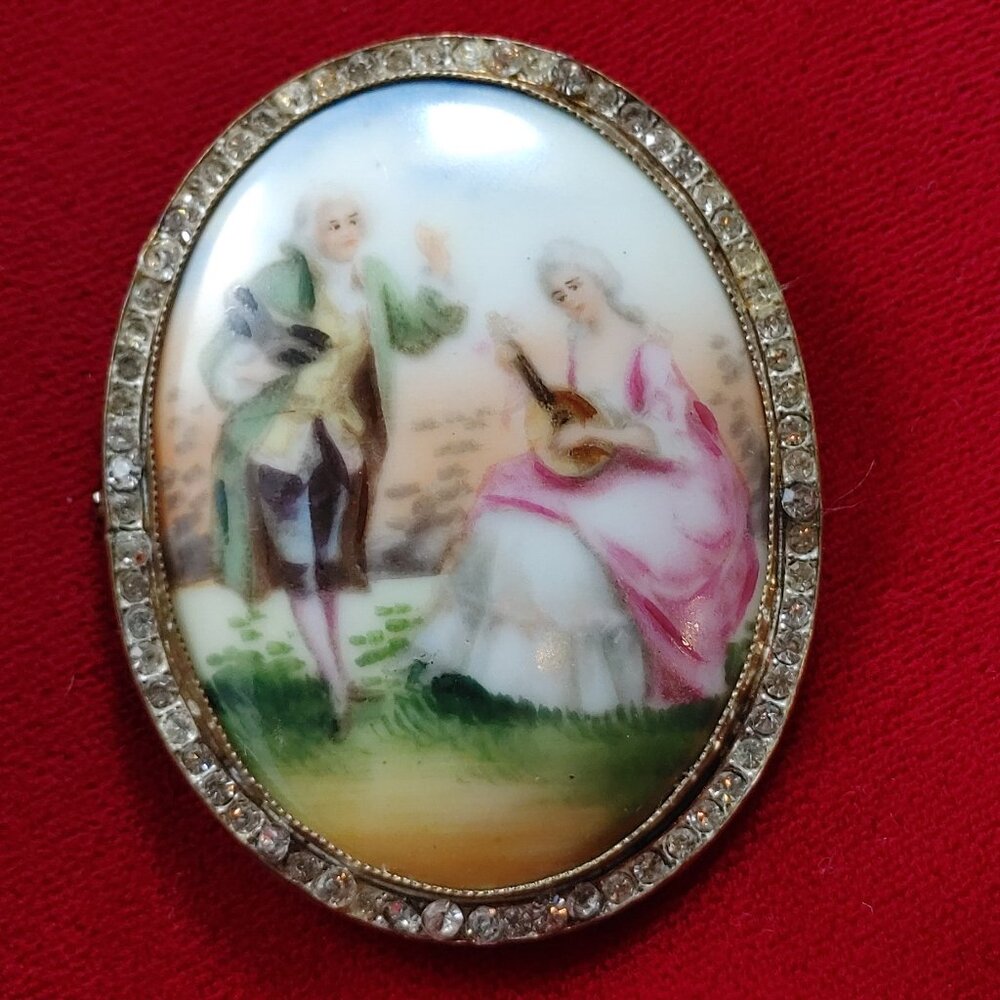 Antique Porcelain Brooch Bezel Setting Czech Hand Painted Numbered c. 1920s